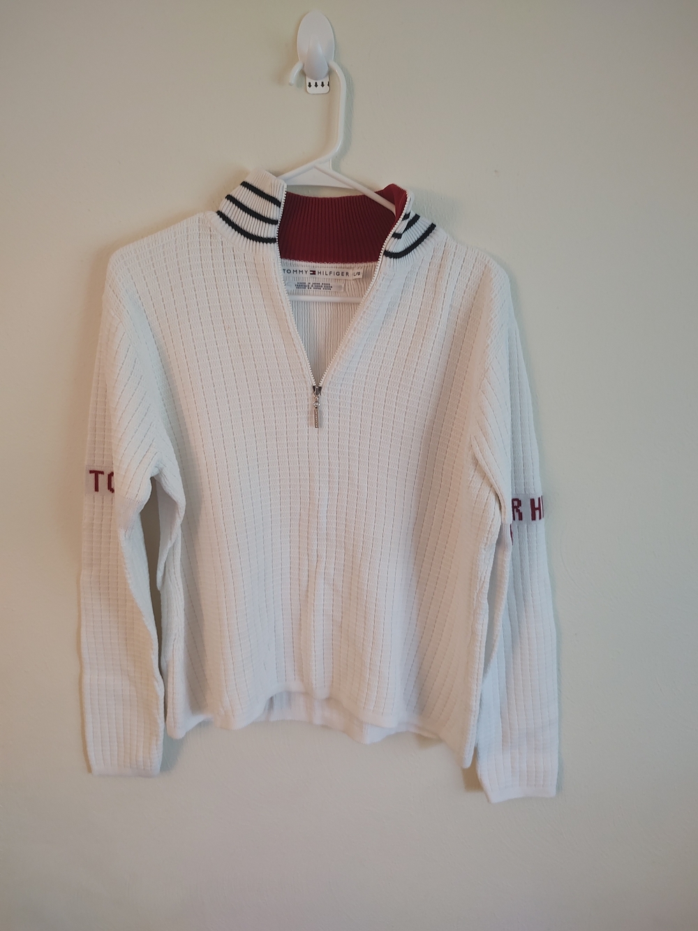 Vintage 90's Tommy Hilfiger White Zip-Up Ribbed Sweater with Red Accents